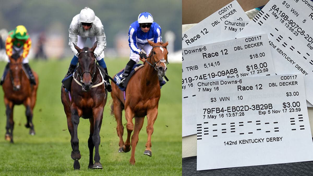 Picture of a horse race and a parimutuel betting receipt